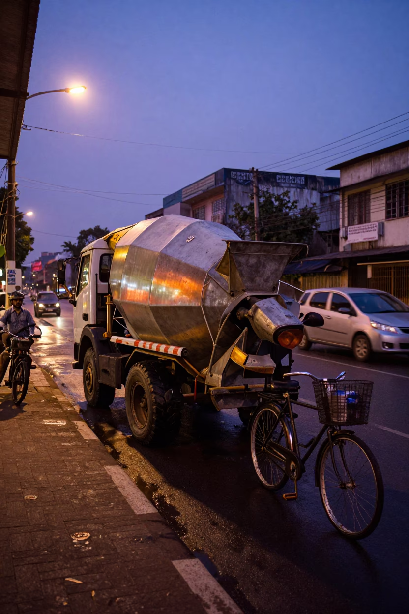 Chennai India Blue Hour Street Scene with Cement Mixer and Bicycle Basket in in Chennai, India