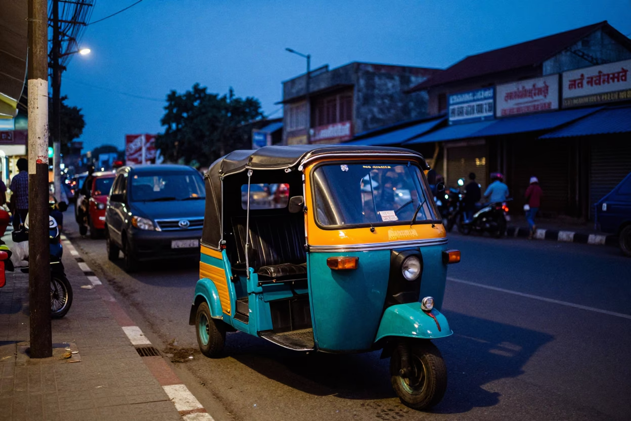 Chennai India Blue Hour Street Scene with Colorful Auto Rickshaw and Local Life in in Chennai, India