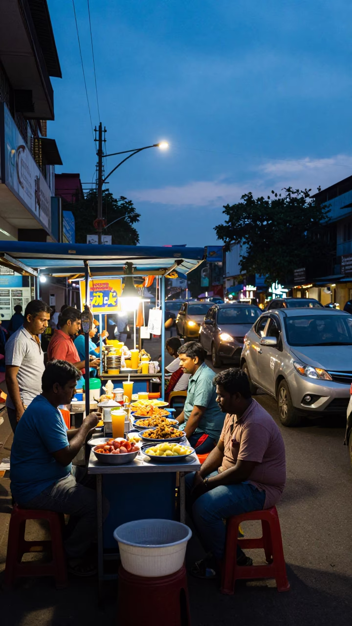 Chennai India Blue Hour Street Scene with Food Vendors and Traffic in in Chennai, India