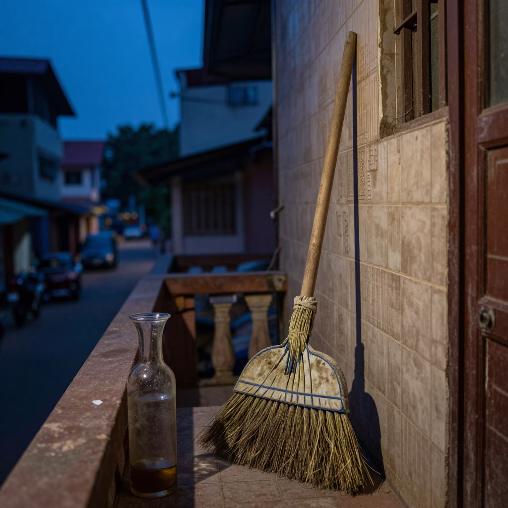 Chennai India blue hour street scene with hand broom and glass carafe on balcony in in Chennai, India
