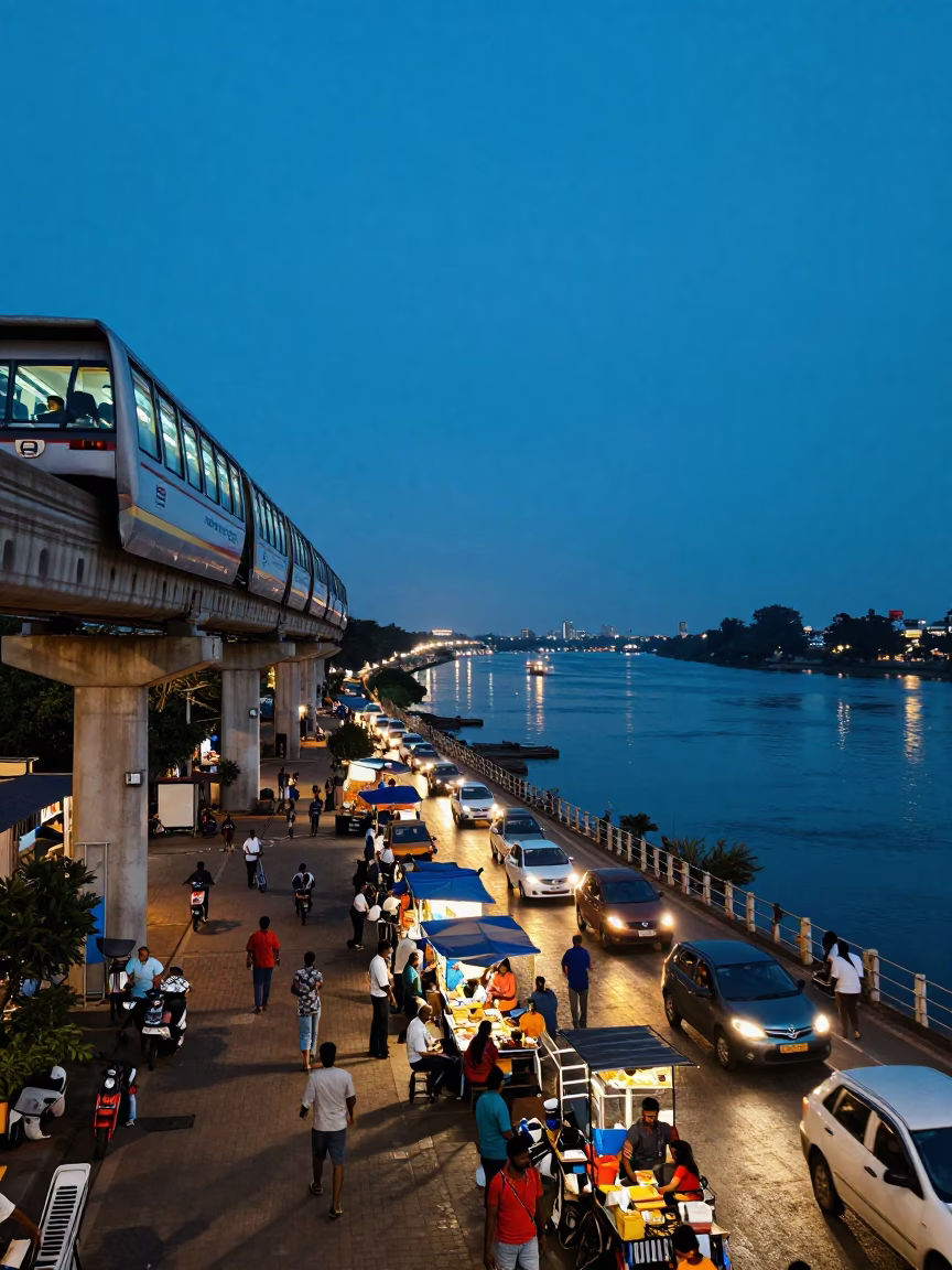 Chennai India blue hour street scene with monorail and river traffic in in Chennai, India