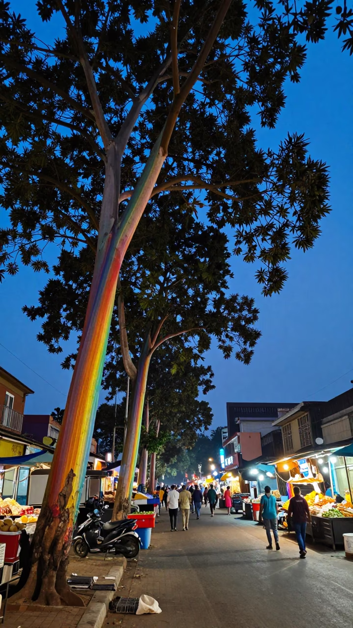Chennai India Blue Hour Street Scene with Rainbow Eucalyptus and Local Market Activity in in Chennai, India