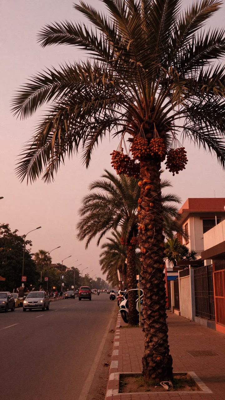 Chennai India copper dusk street scene with date palm and pomegranate tree in in Chennai, India