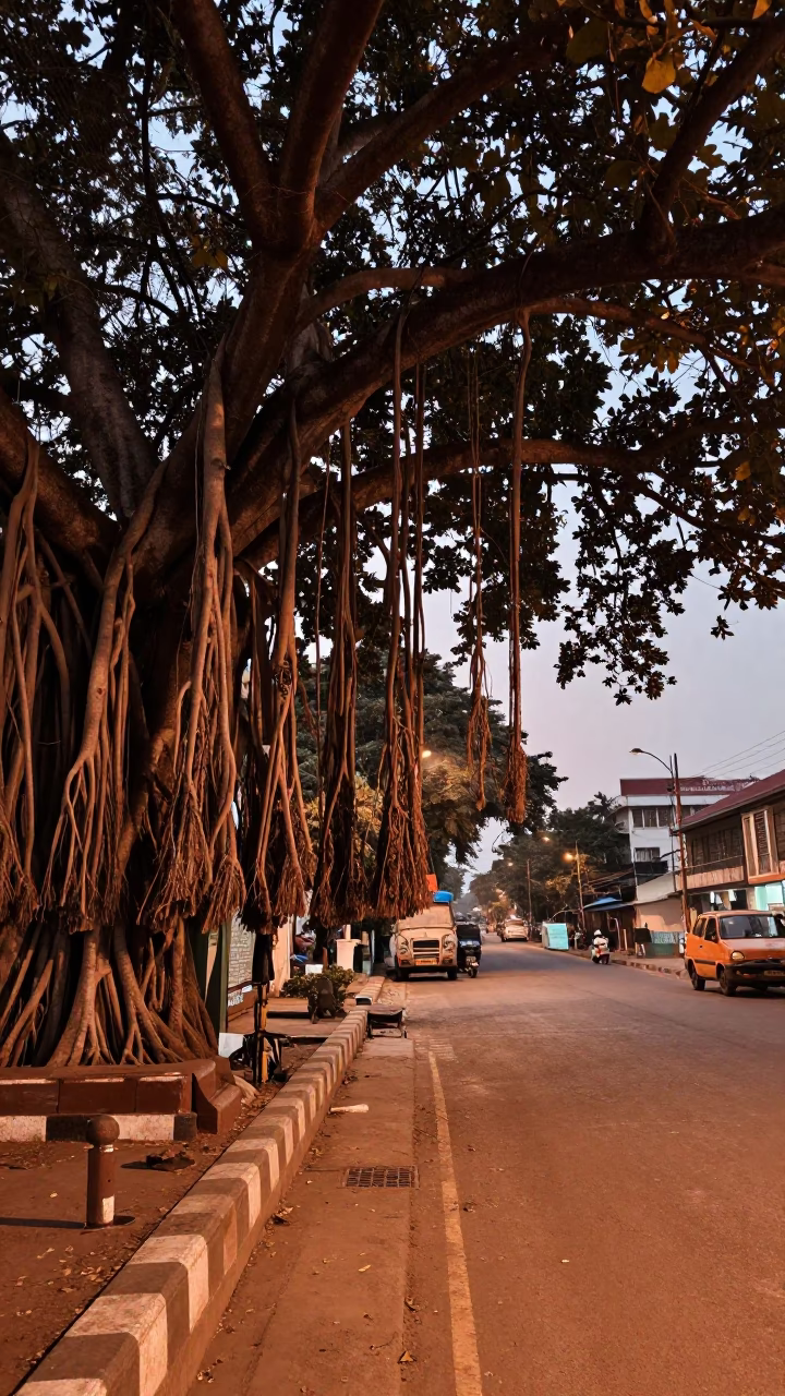 Chennai India Copper Toned Dusk Street Scene with Banyan Grove and Scooter in in Chennai, India