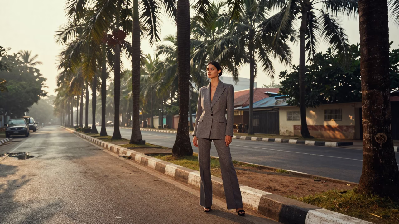 Chennai India Dawn Palm Tree Avenue High Fashion Street Photography 1980s in in Chennai, India