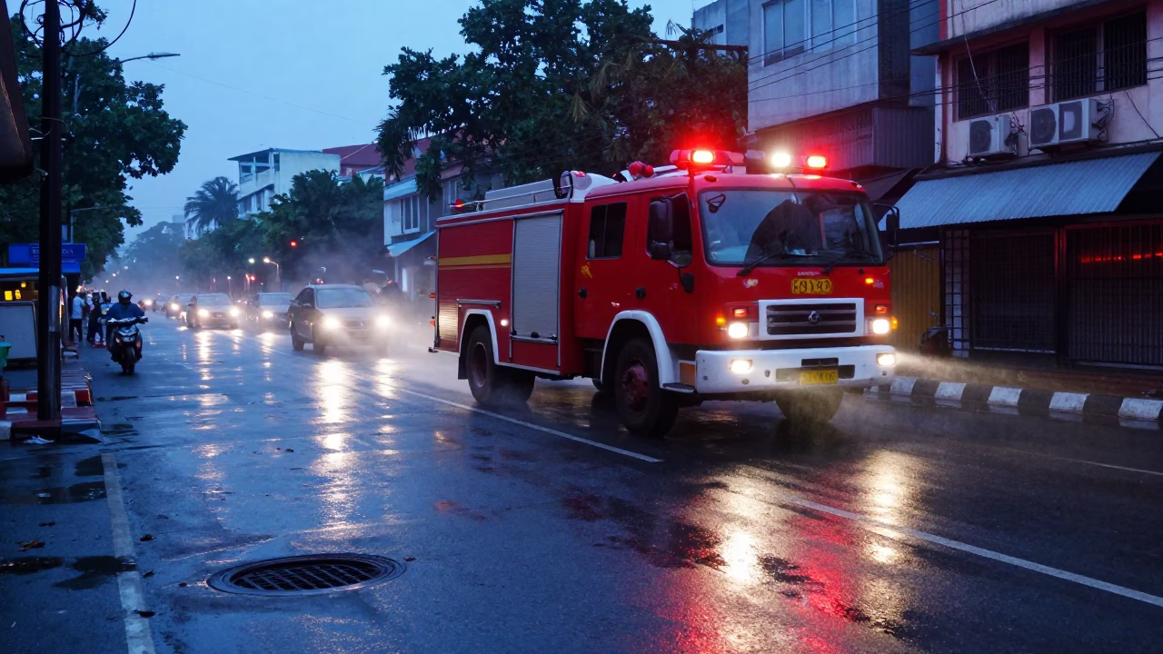 Chennai India Dawn Street Scene with Red Fire Engine Rushing Through Early Morning Mist in in Chennai, India