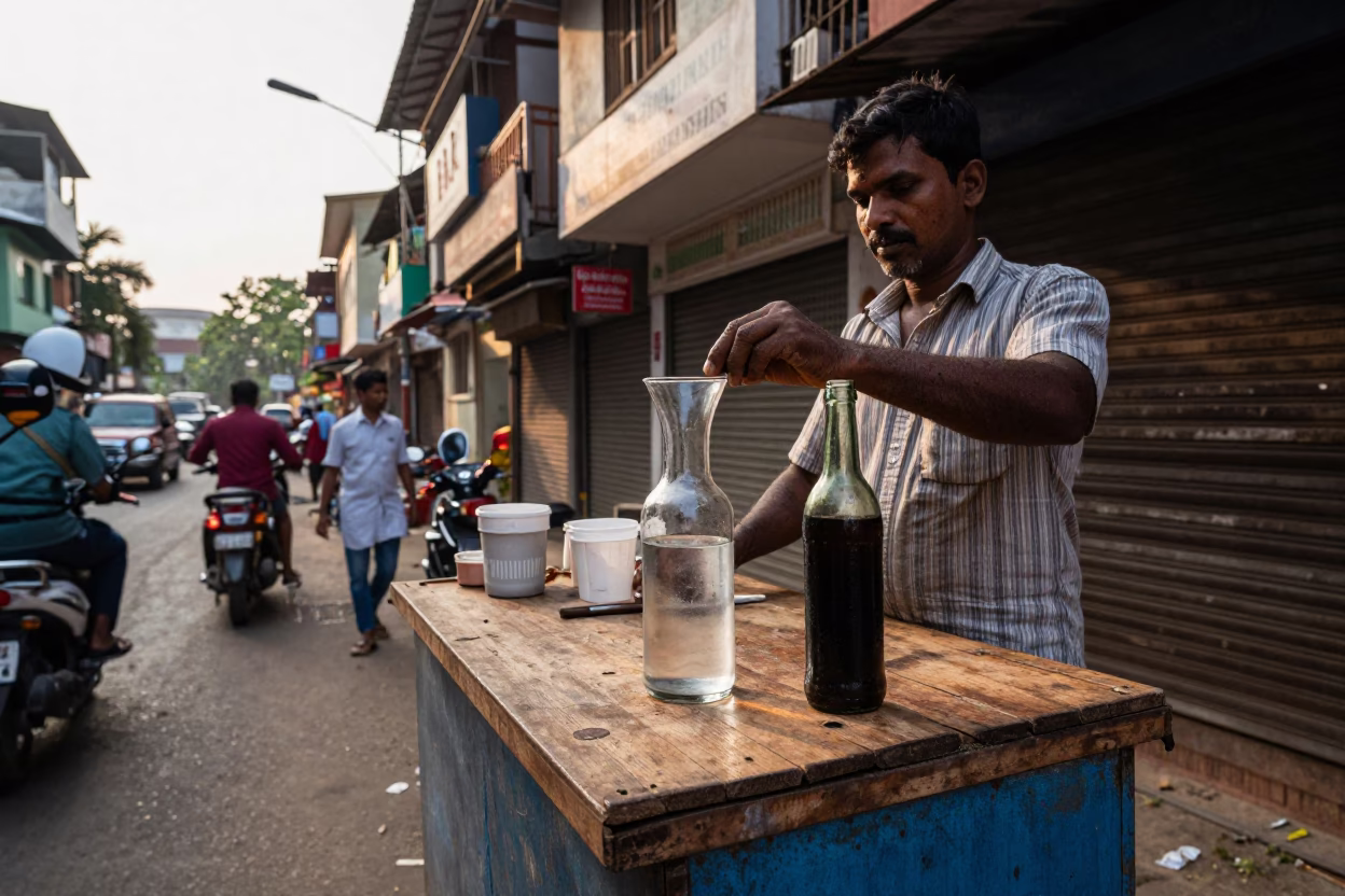 Chennai India Early Afternoon Street Scene with Glass Carafe and Bottle in in Chennai, India