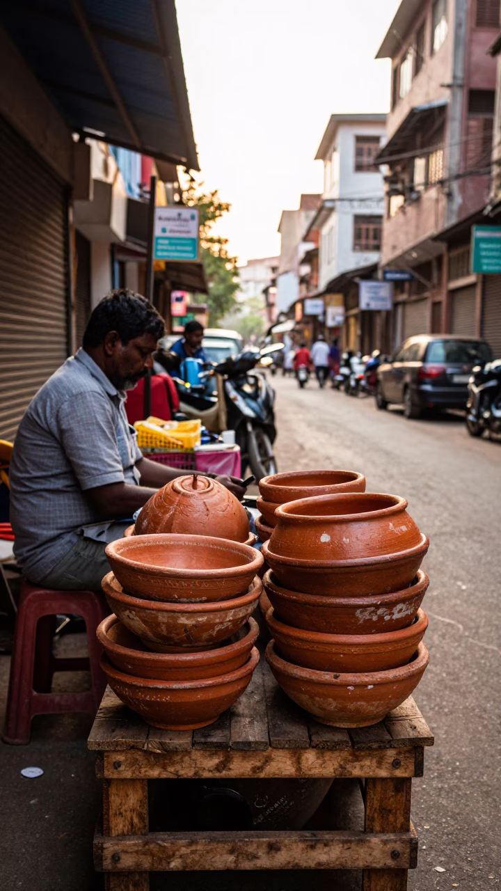 Chennai India Early Afternoon Street Scene with Terracotta Bowls and Hose Nozzle in in Chennai, India