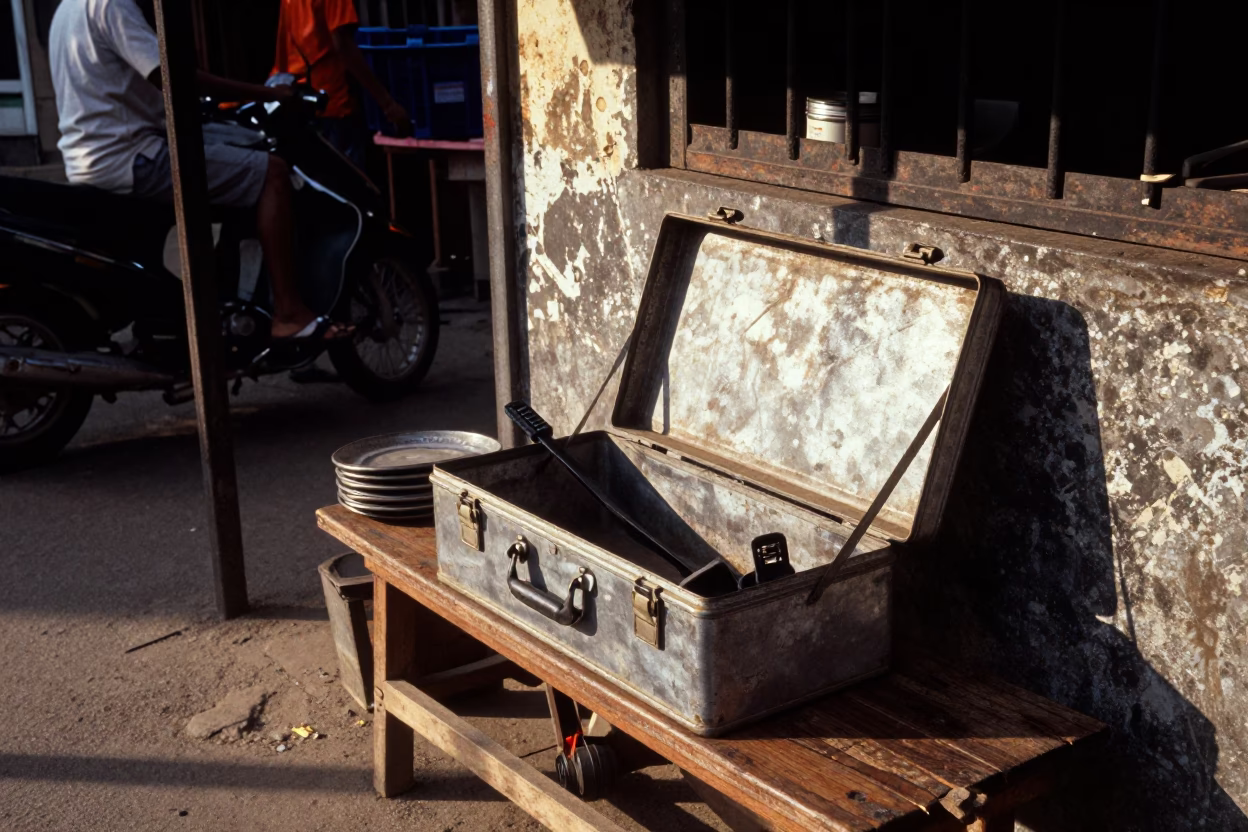 Chennai India Early Afternoon Street Scene with Toolbox and Local Market Activity in in Chennai, India