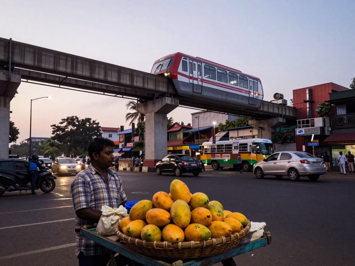 Chennai India Early Evening Monorail Street Scene with Mango Vendor in in Chennai, India