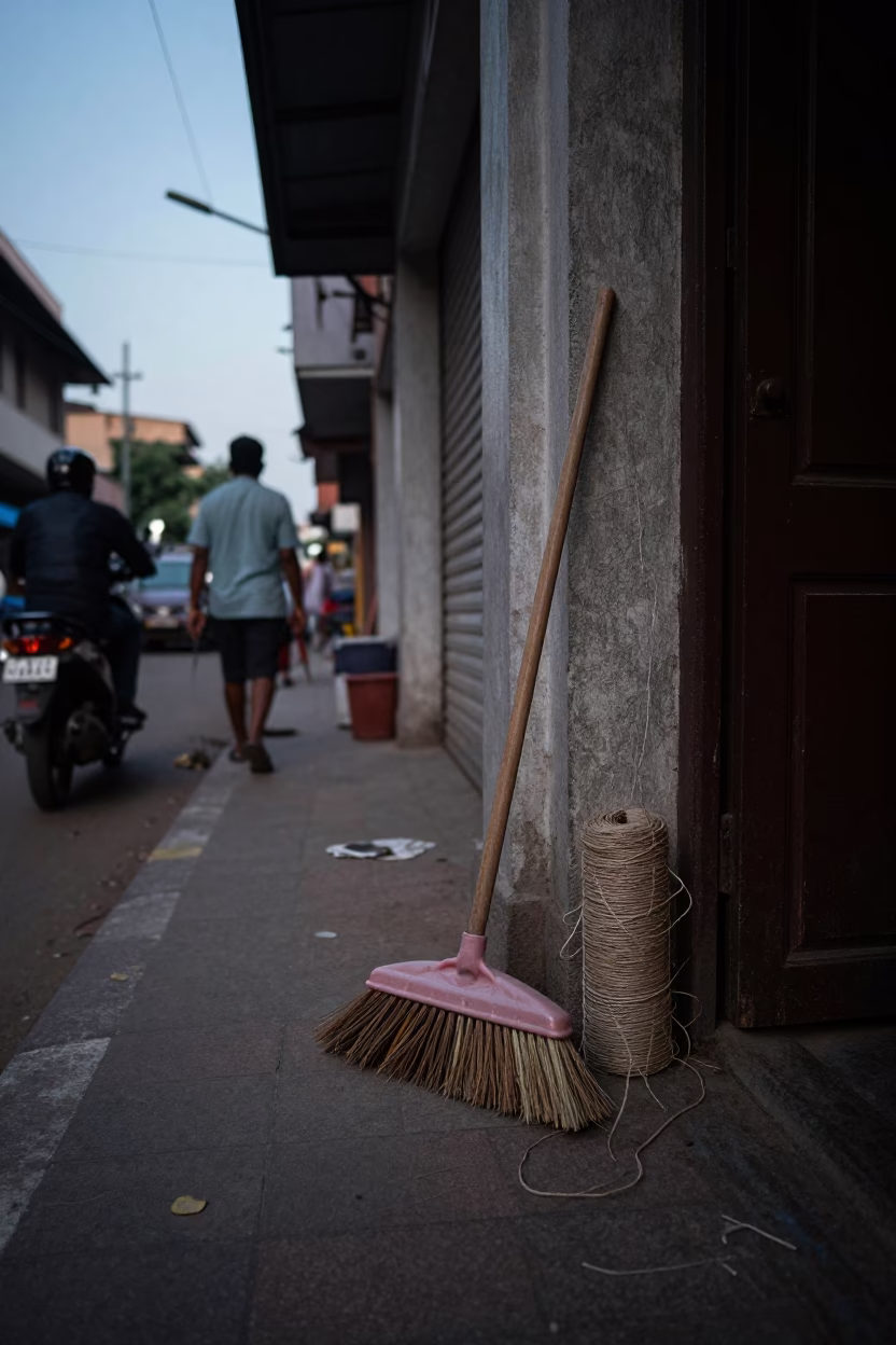 Chennai India Early Evening Street Scene with Broom and Twine Details in in Chennai, India