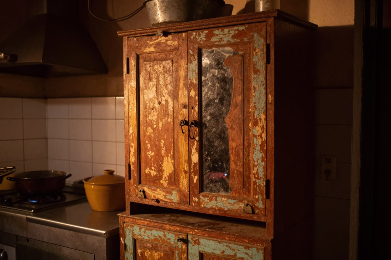 Chennai India Evening Kitchen Scene with Rusty Mirror and Wooden Cupboard Doors in in Chennai, India