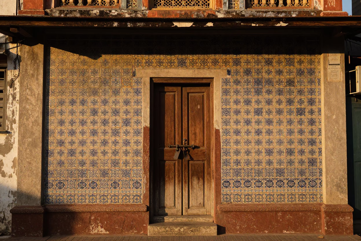 Chennai India Evening Light on Traditional Ceramic Tile Architecture and Latch Detail in in Chennai, India