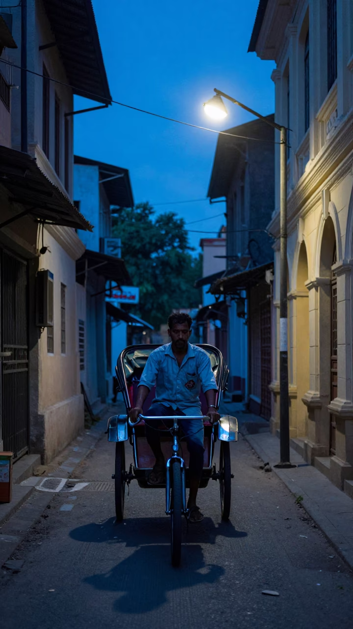 Chennai India Evening Street Scene Rickshaw Puller Narrow Lane Blue Hour Light in in Chennai, India