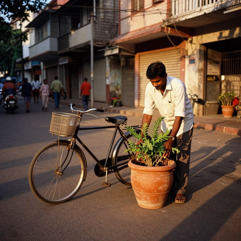 Chennai India Evening Street Scene With Bicycle And Terracotta Pot in in Chennai, India