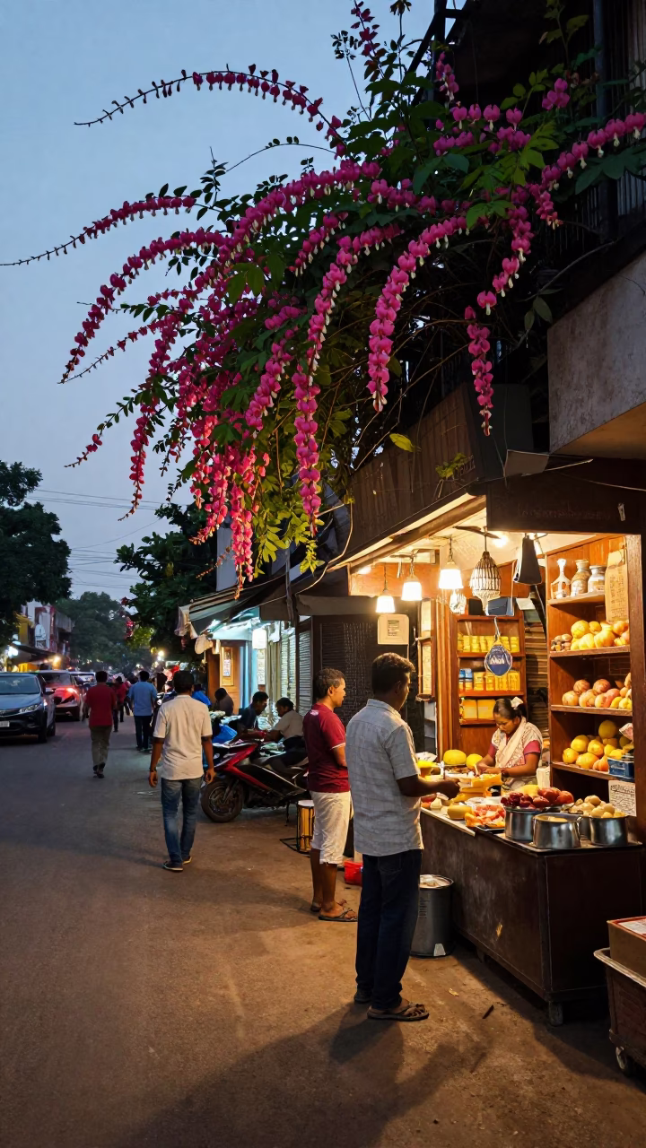 Chennai India Evening Street Scene with Bleeding Heart Vine and Iron Details in in Chennai, India
