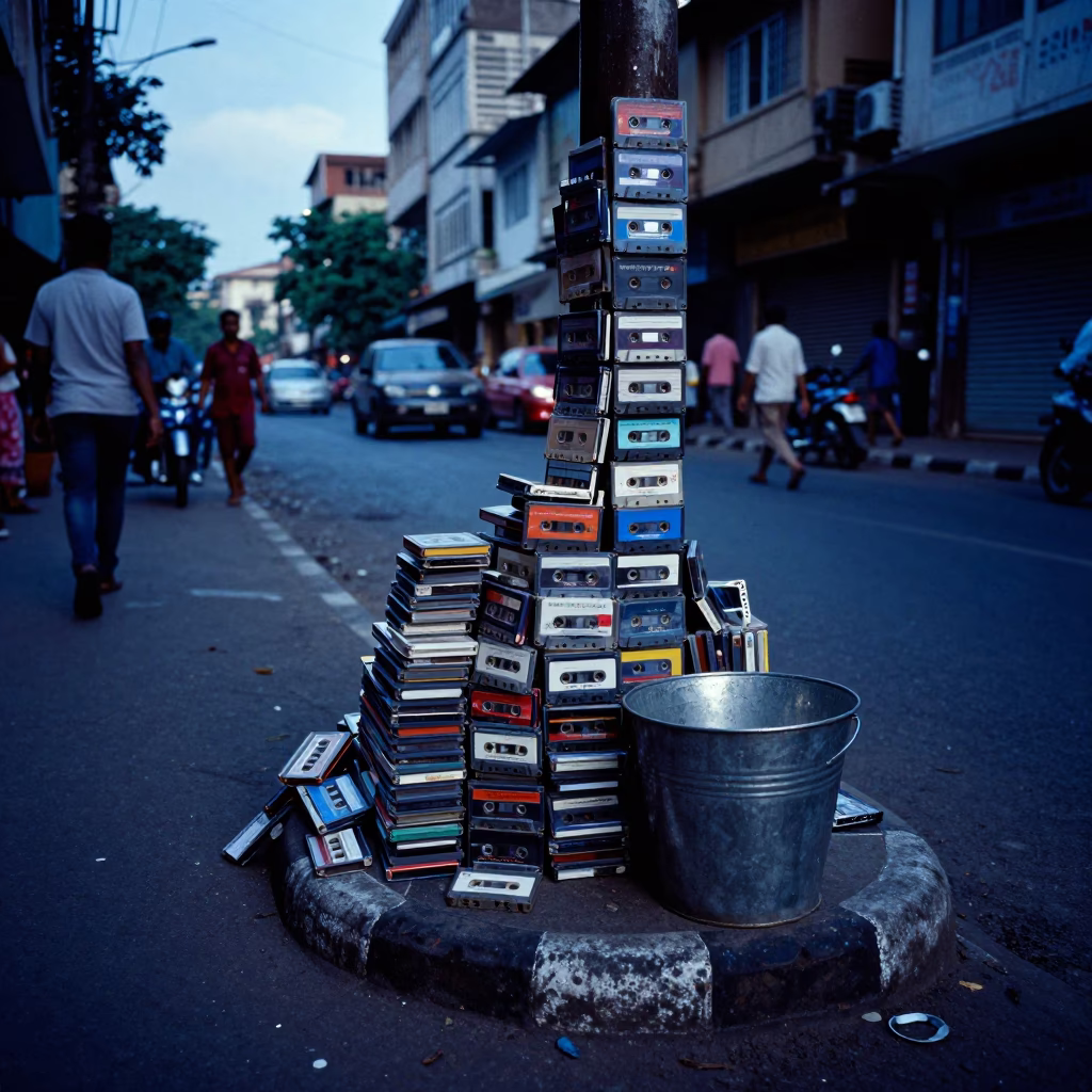 Chennai India Evening Street Scene With Cassette Tapes And Metal Bucket Puddle Reflections in in Chennai, India