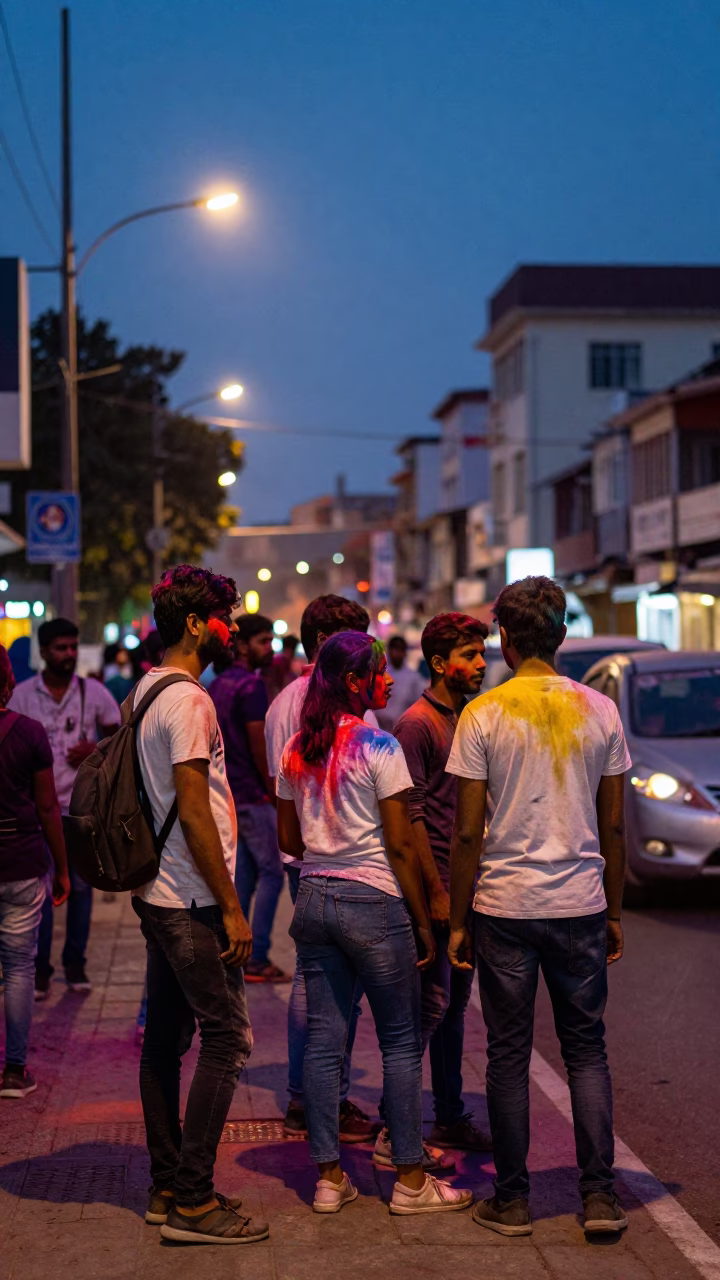 Chennai India Evening Street Scene with Colorful Holi Festival Powder in Air in in Chennai, India