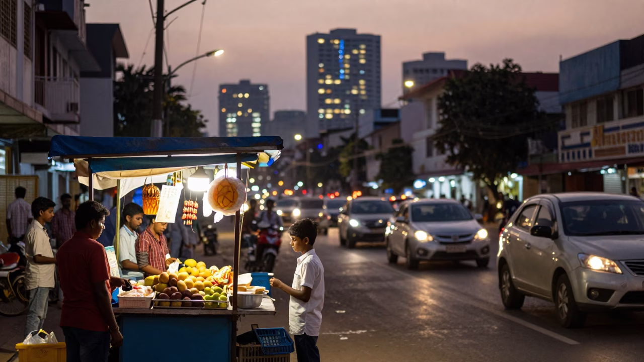 Chennai India Evening Street Scene with Glowing City Lights and Local Market Activity in in Chennai, India