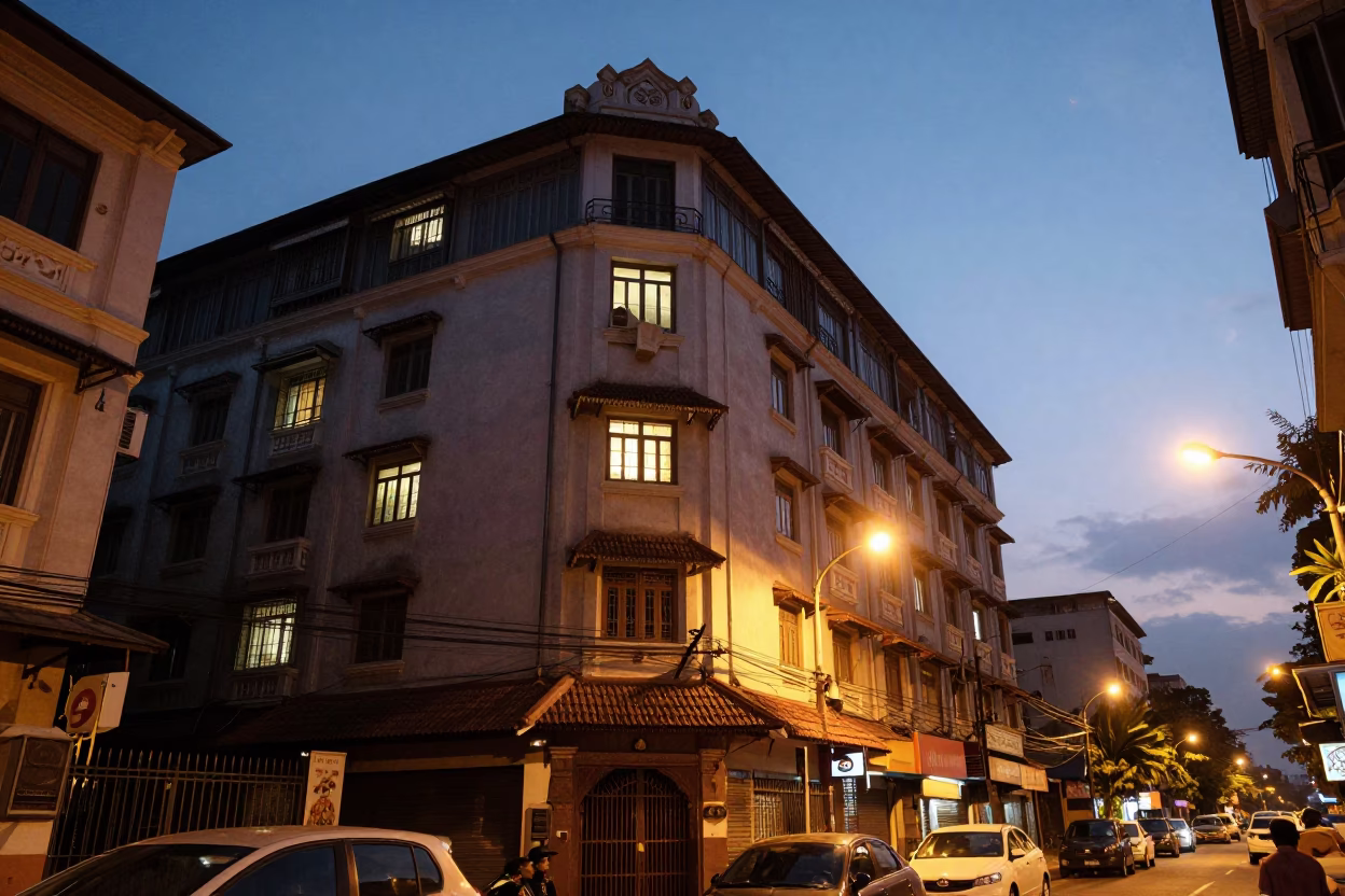 Chennai India Evening Street Scene With Lit Windows And Dusk City Lights in in Chennai, India