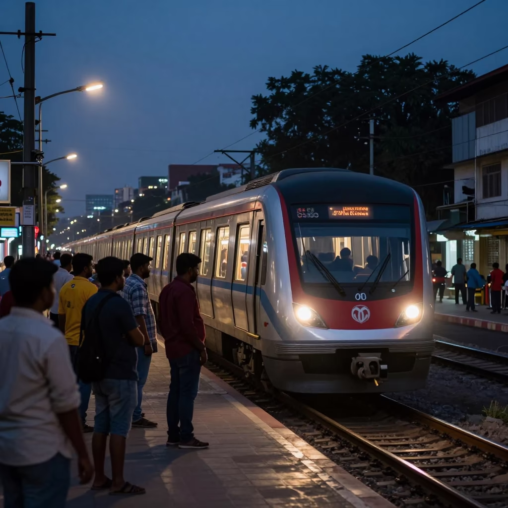 Chennai India evening street scene with metro train arriving at illuminated station platform in in Chennai, India