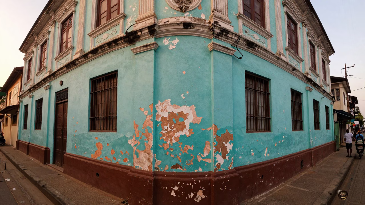 Chennai India Evening Street Scene with Peeling Turquoise Paint and Overpass Sky in in Chennai, India