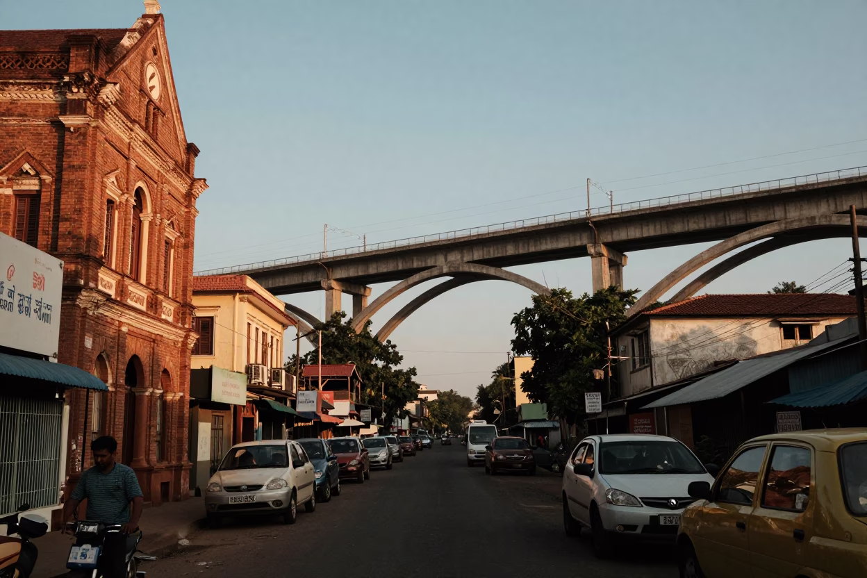 Chennai India Evening Street Scene with Railway Viaduct and Local Traffic in in Chennai, India