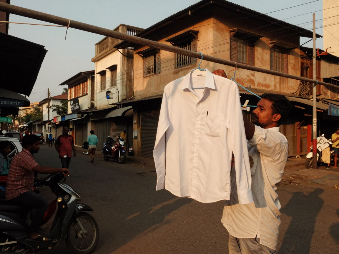 Chennai India Evening Street Scene with Shirt Hanger and Biscuit Tin in in Chennai, India