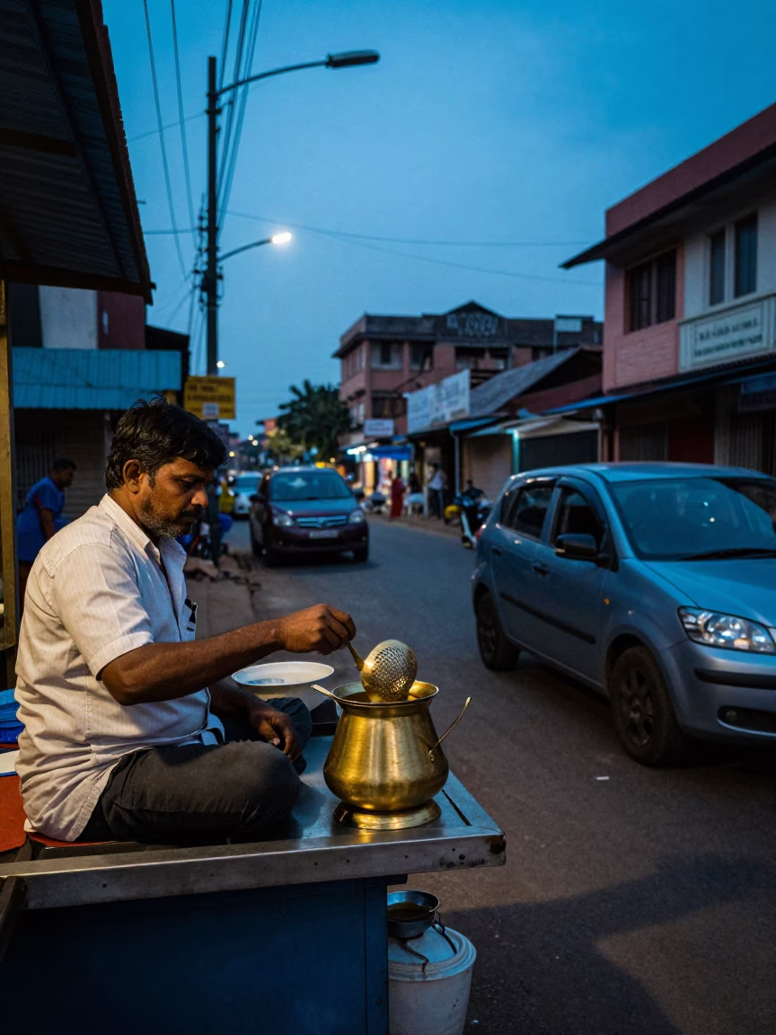 Chennai India Evening Street Scene with Tea Strainer and Local Vendor in in Chennai, India