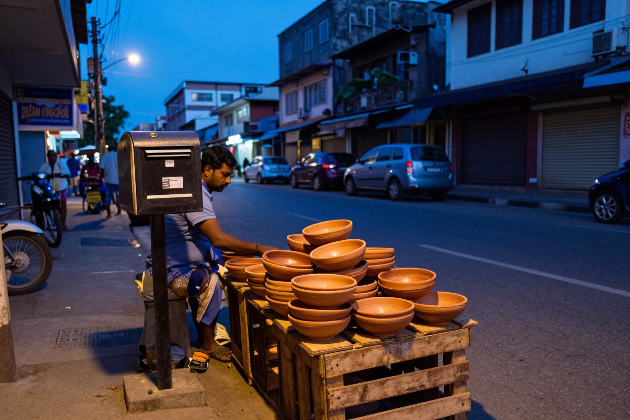 Chennai India Evening Street Scene with Terracotta Bowls and Mailbox in in Chennai, India