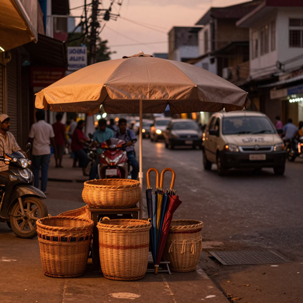 Chennai India Evening Street Scene with Woven Baskets and Umbrella Stand in in Chennai, India