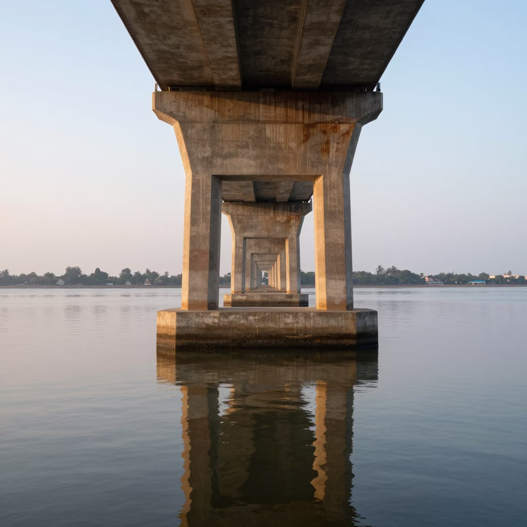 Chennai India First Light Bridge Pier Dawn Water Reflection Realistic Street Scene in in Chennai, India
