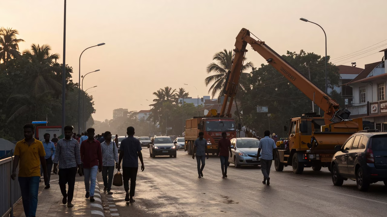 Chennai India First Light Dawn Street Scene with Bridge Maintenance Cradle Over Green Water in in Chennai, India