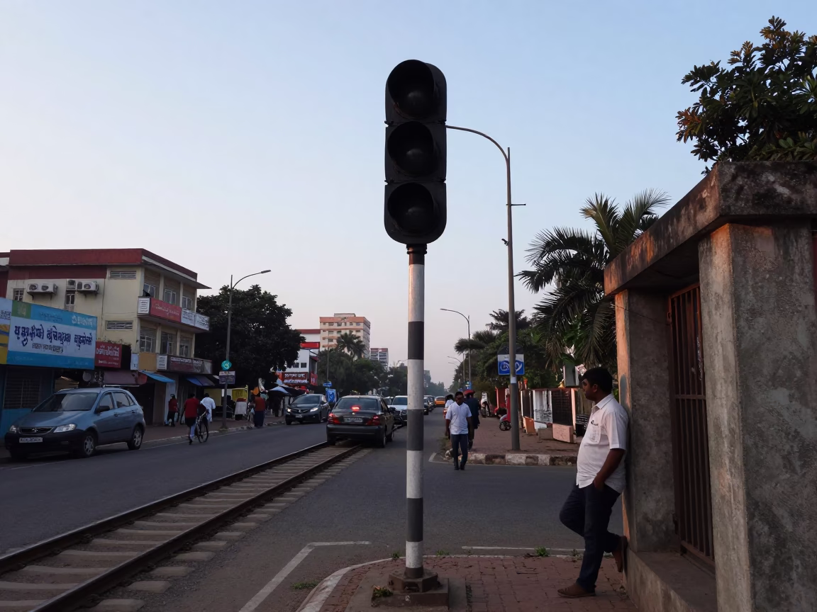 Chennai India first light dawn street scene with railway signal and morning activity in in Chennai, India