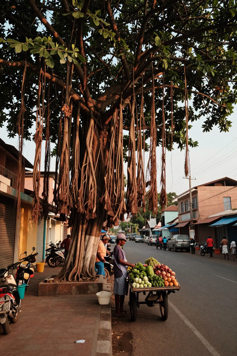 Chennai India Golden Hour Street Scene with Banyan Tree and Local Life in in Chennai, India