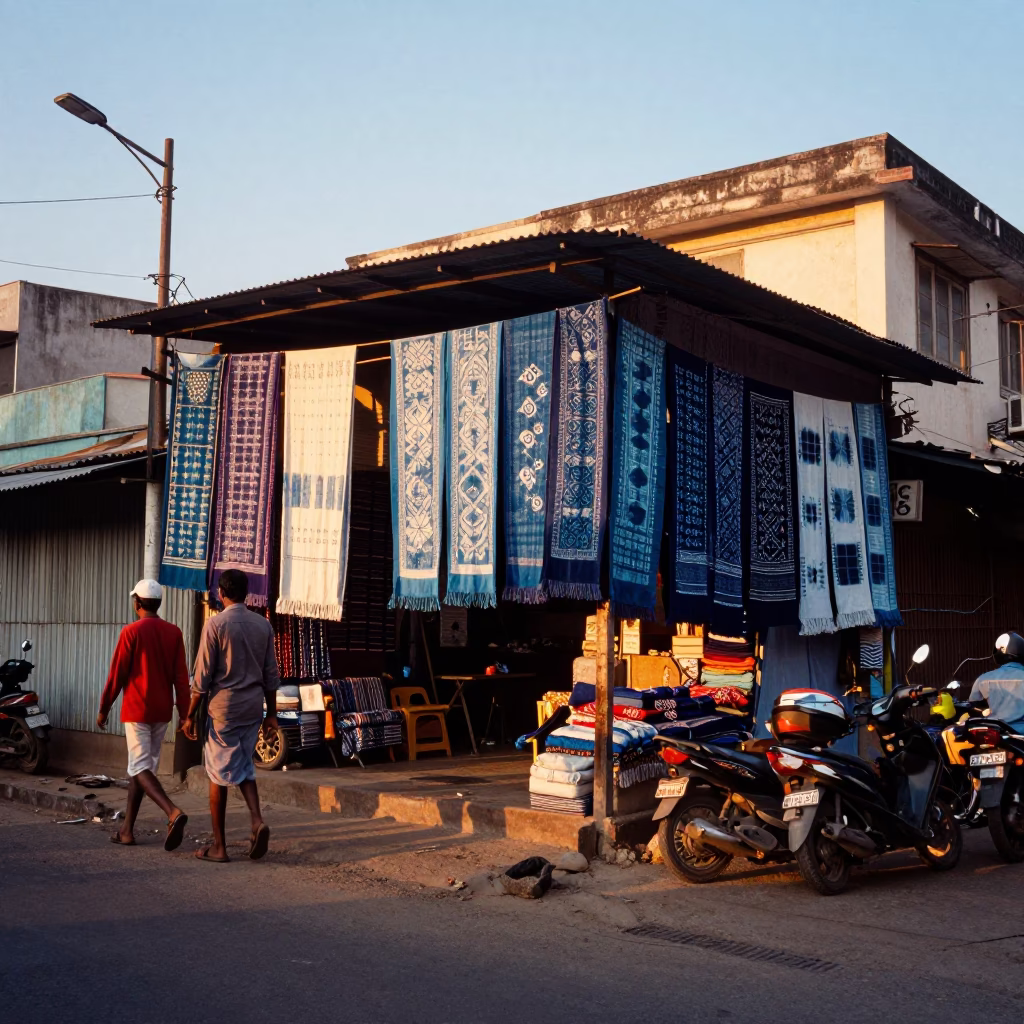 Chennai India Golden Hour Street Scene with Indigo Fabric and Local Life in in Chennai, India