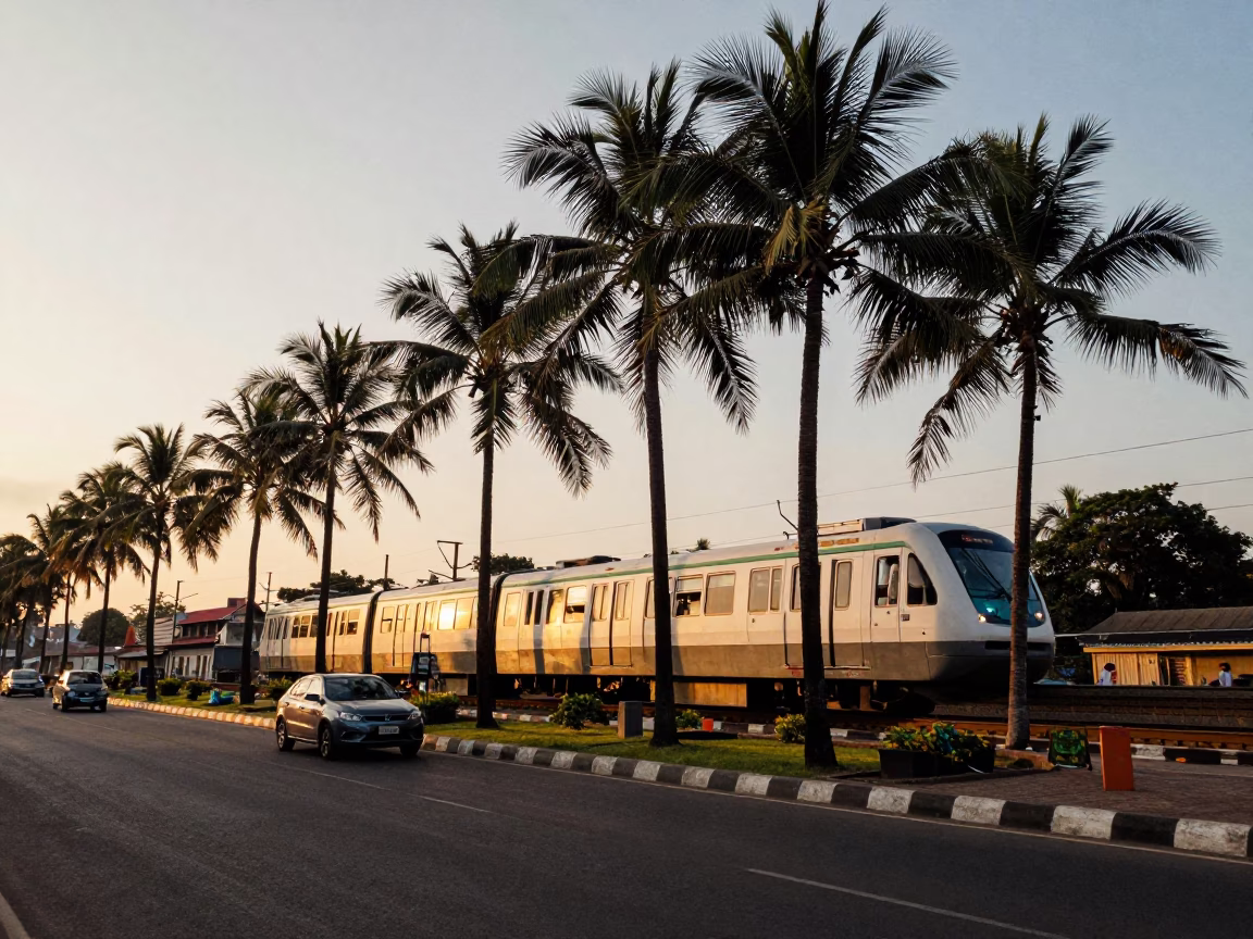 Chennai India Golden Hour Street Scene with Monorail and Palm Trees in in Chennai, India