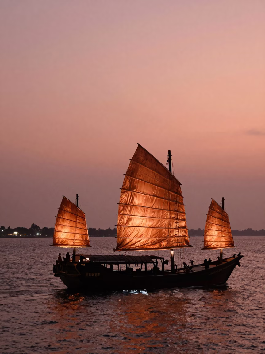 Chennai India Harbor Sunset Copper Light Chinese Junk Sails and Coastal Skyline in in Chennai, India