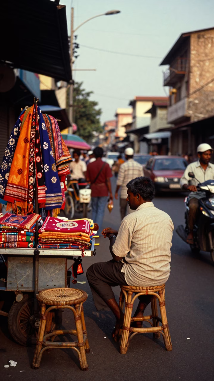 Chennai India Honeyed Evening Light Busy Street Scene with Rattan Stool and String Lights in in Chennai, India