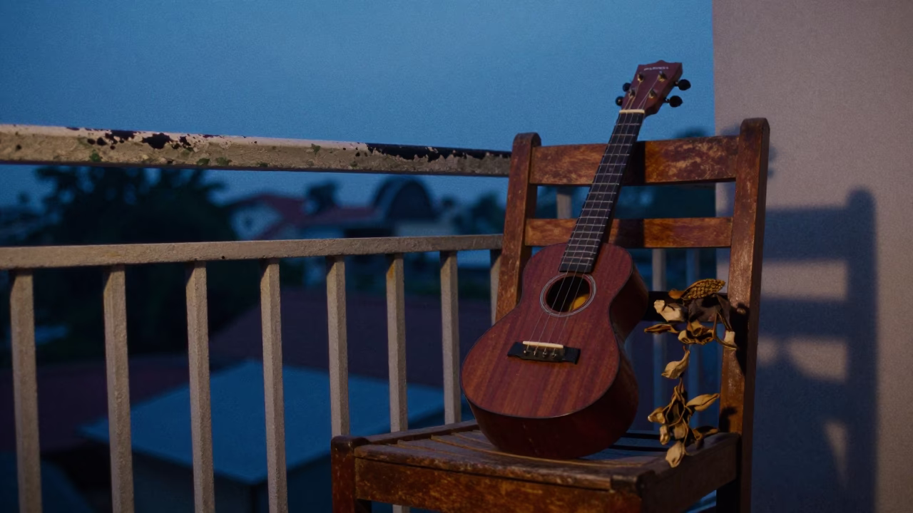 Chennai India indigo twilight balcony scene with ukulele and dried flowers in 1950s style in in Chennai, India