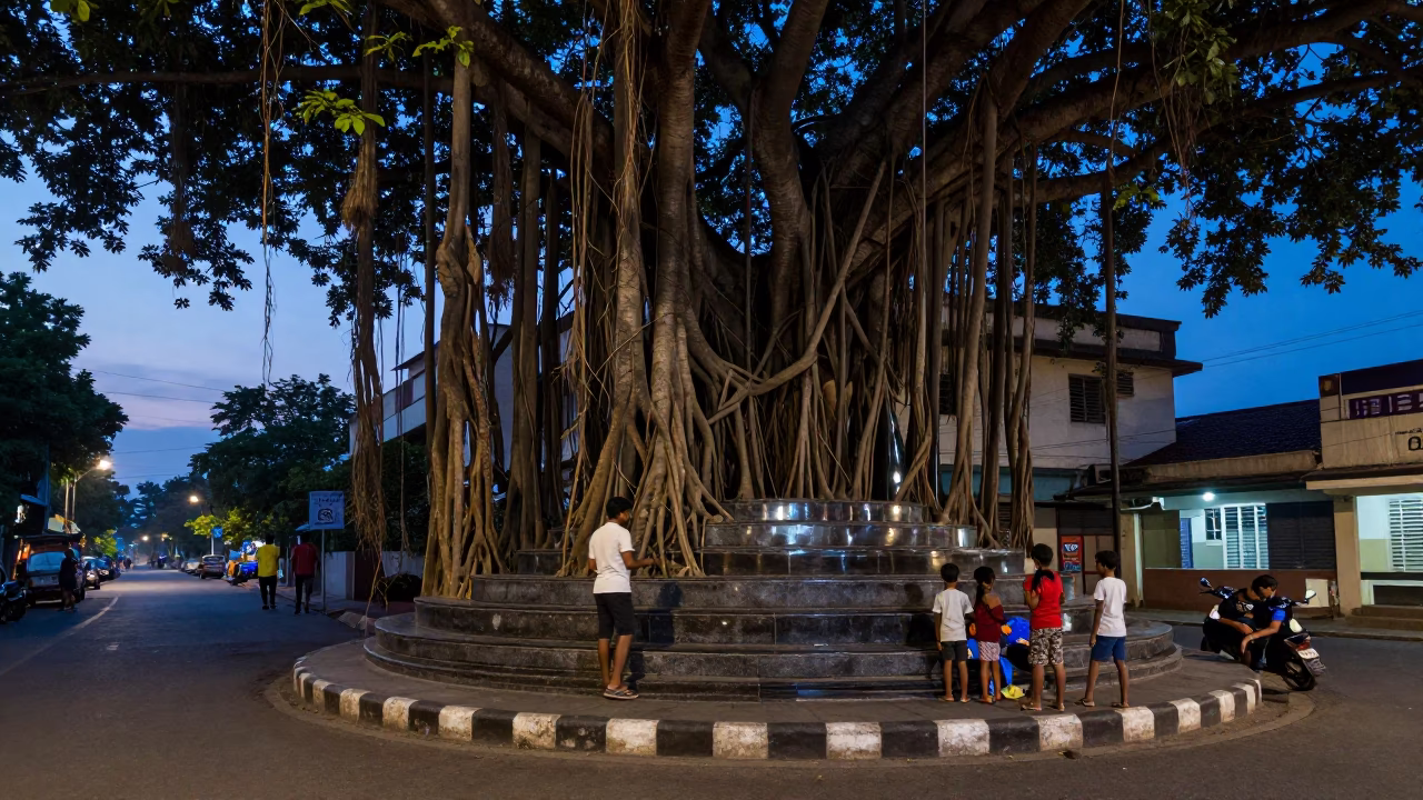 Chennai India Indigo Twilight Street Scene with Banyan Grove and Local Life in in Chennai, India