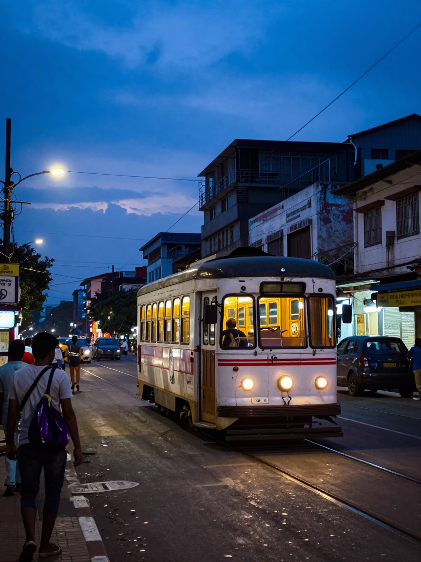 Chennai India Indigo Twilight Street Scene with Eggplants and Tramcar on Tree-Lined Boulevard in in Chennai, India