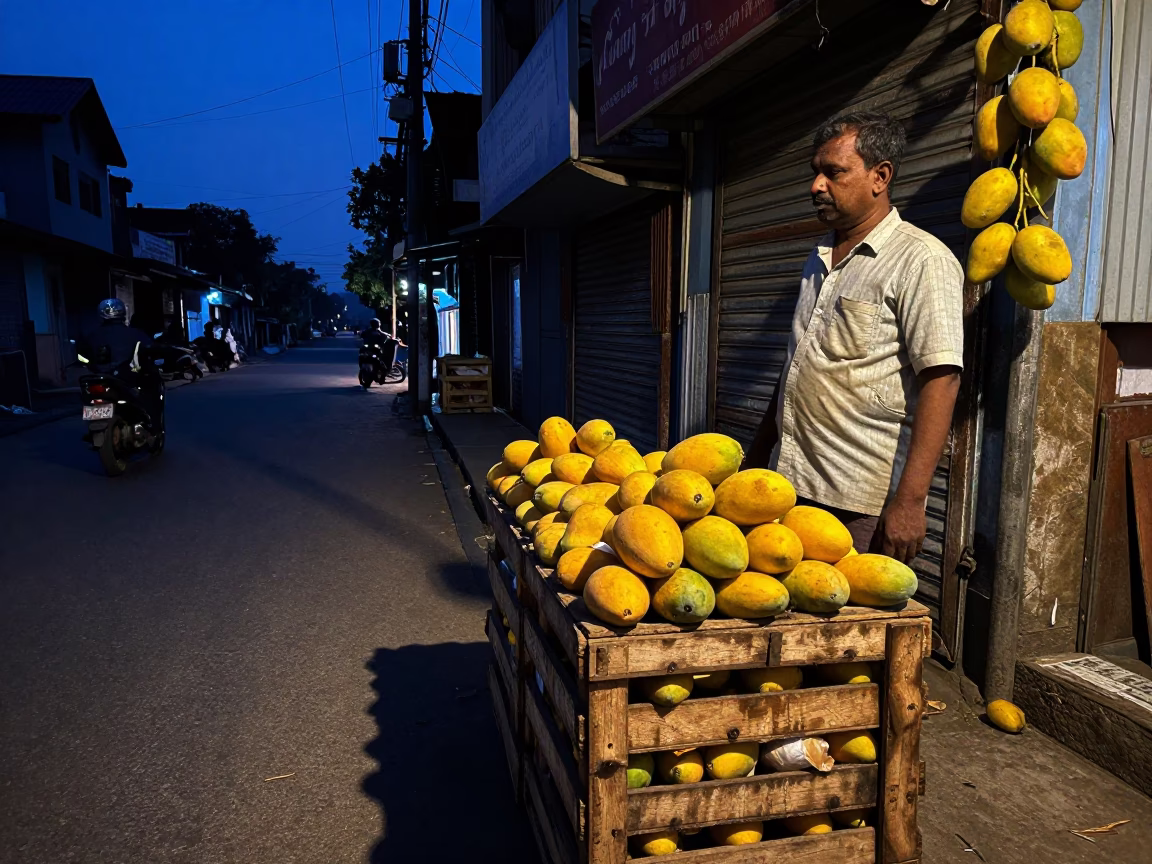 Chennai India indigo twilight street scene with mangoes and wooden crate in in Chennai, India