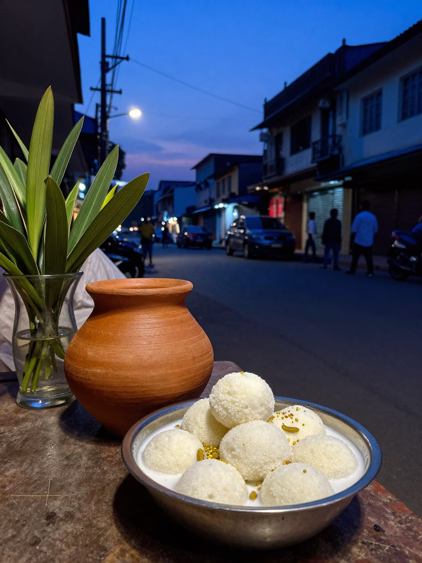 Chennai India Indigo Twilight Street Scene with Ras Malai Bowl and Brass Chair Rung in in Chennai, India