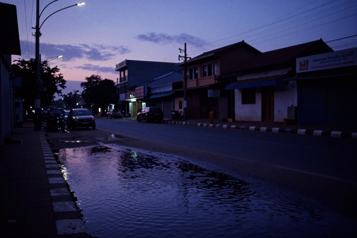 Chennai India Indigo Twilight Street Scene With Ripples In Shallow Water in in Chennai, India