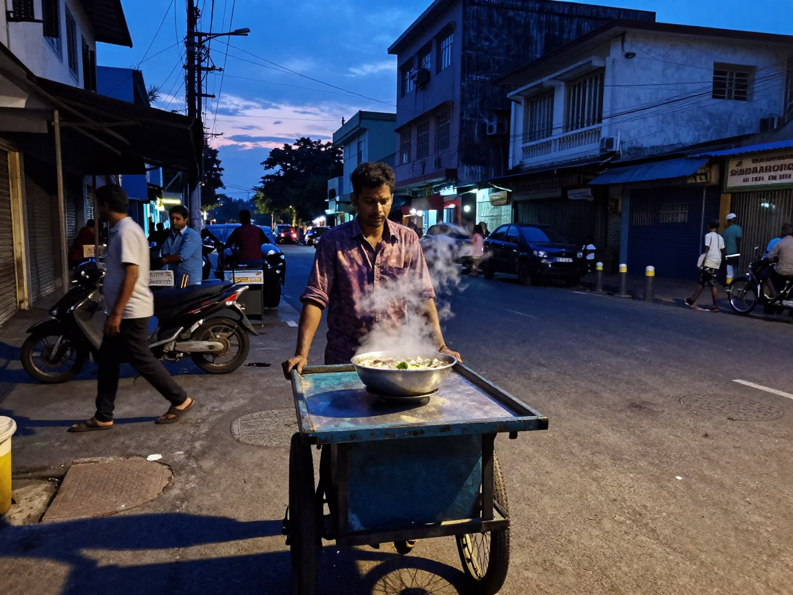 Chennai India Indigo Twilight Street Scene with Steaming Bowl of Pho and Local Life in in Chennai, India
