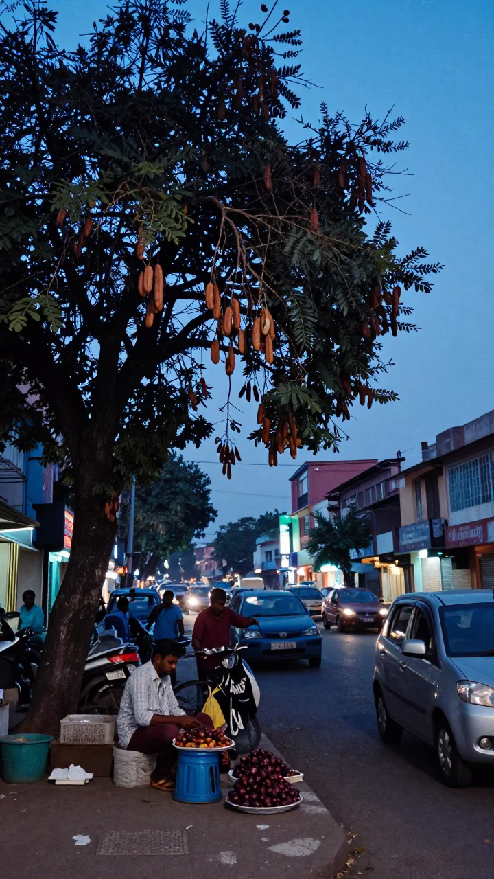 Chennai India indigo twilight street scene with tamarind tree and daily life in in Chennai, India