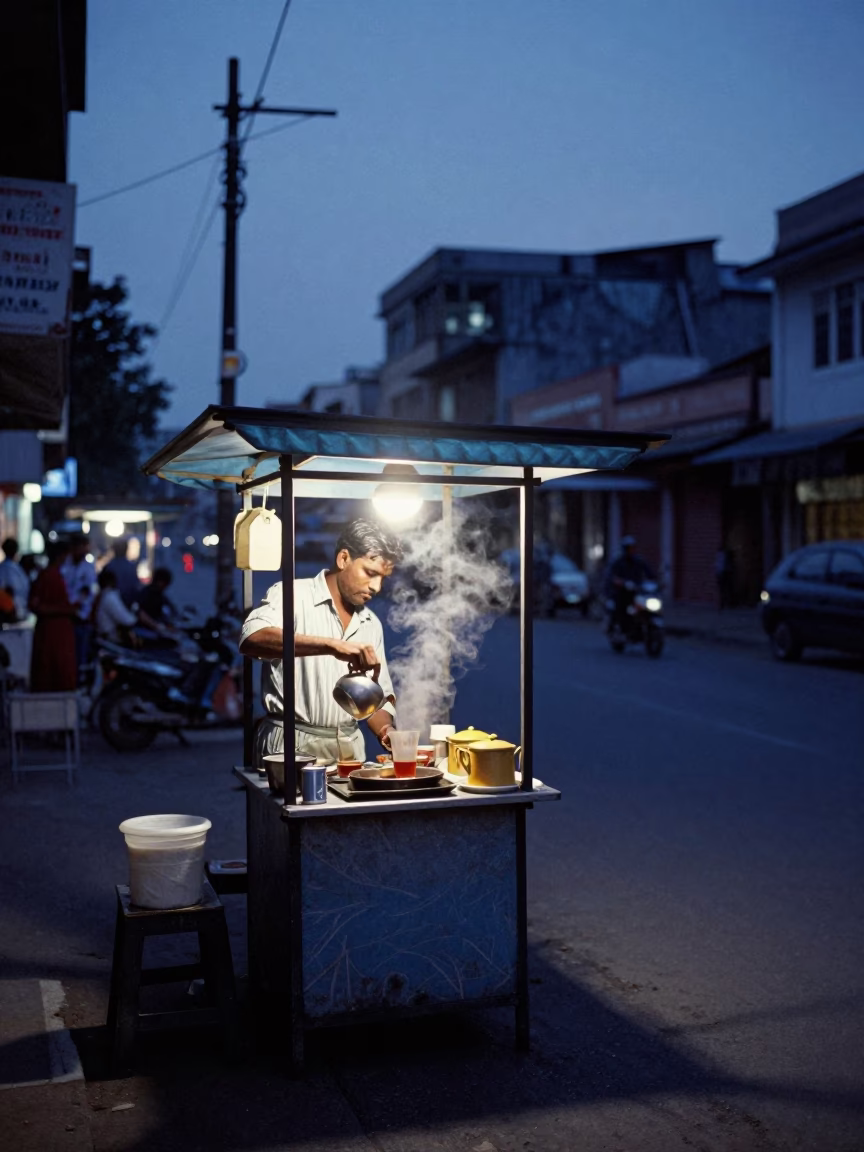 Chennai India indigo twilight street scene with tea stall and pedestrians in in Chennai, India