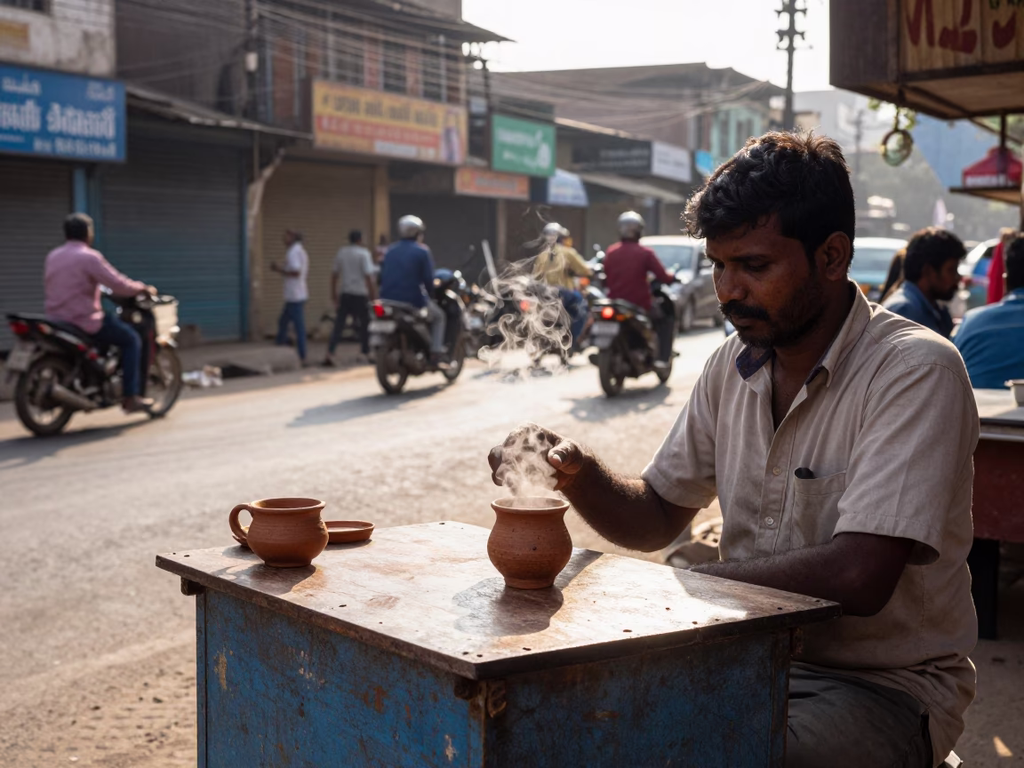 Chennai India Late Afternoon Street Scene with Clay Masala Chai Cup and Lassi Glass in in Chennai, India