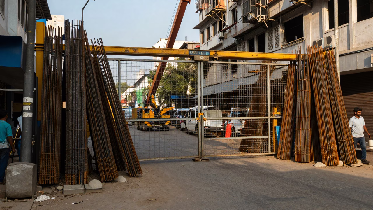Chennai India Late Afternoon Street Scene with Construction Elevator Gate and Rebar Bundles in in Chennai, India